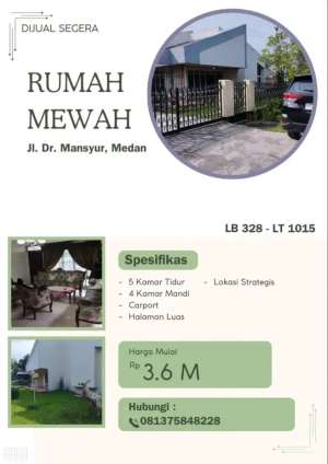 DIJUAL RUMAH DENGAN HALAMAN YANG LUAS, CANTIK STRATEGIS DI Dr. MANSYUR lokasi di Medan Selayang, tersedia melalui melalui situs Olx