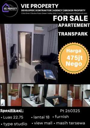 Jual Apartemen Studio Furnish Transpark Tsm Cibubur. lokasi di Cibubur, tersedia melalui melalui situs Olx