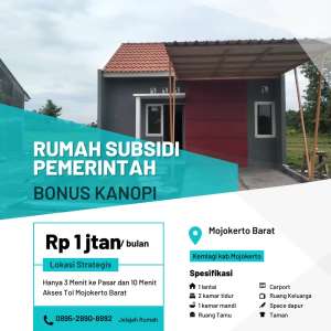 Rumah subsidi bonus Kanopi 3 Menit Ke pasar di Mojokerto dekat pasar lokasi di Kemlagi, tersedia melalui melalui situs Olx