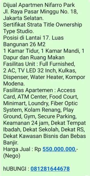 Dijual Apartmen Nifarro Park - TANPA PERANTARA lokasi di Pasar Minggu, tersedia melalui melalui situs Olx