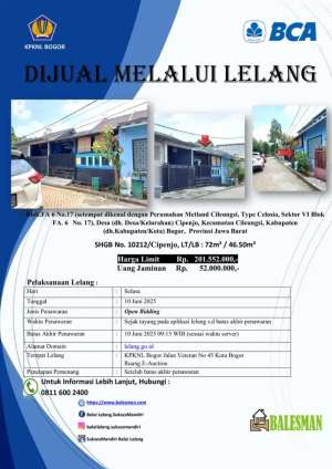 DIJUAL RUMAH MELALUI LELANG WILAYAH BOGOR lokasi di Cileungsi, tersedia melalui melalui situs Olx