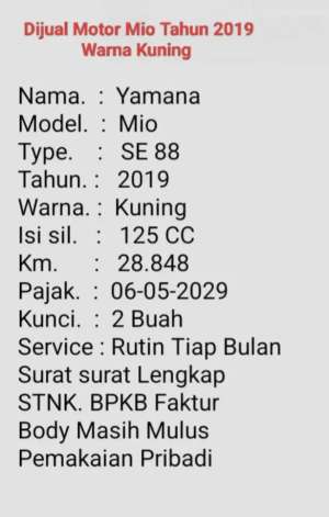 Jual bekas Dijual Motor Yamaha Mio 2019 warna Kuning.,lokasi di Cimanggis