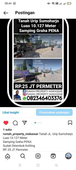Tanah JL. Urip Sumoharjo Luas 10.127 Meter Samping Graha PENA lokasi di Panakkukang, tersedia melalui melalui situs Olx