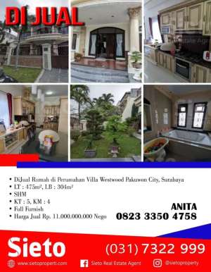 DiJual Rumah di Perumahan Villa Westwood Pakuwon City, Surabaya lokasi di Surabaya Kota, tersedia melalui melalui situs Olx