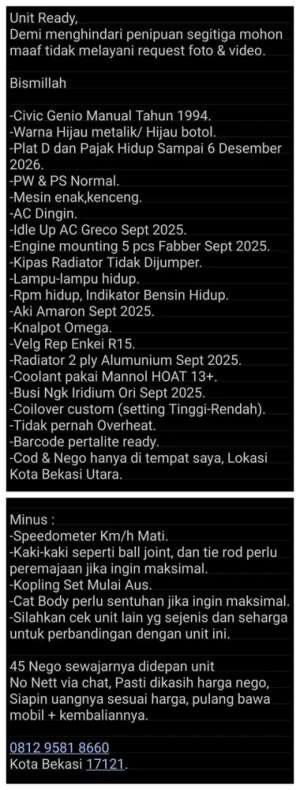 Jual bekas Honda Genio 1994 Bensin,lokasi di Bekasi Kota