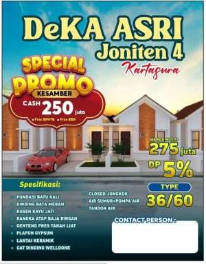 JUAL RUMAH BARU 275 JUTA NGEMPLAK KARTASURA TYPE 3660 lokasi di Sukoharjo Kab., tersedia melalui melalui situs Olx