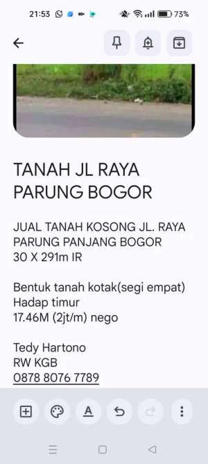 JUAL TANAH KOSONG JL. RAYA PARUNG PANJANG BOGOR 30 X 291m IR lokasi di Bogor Kab., tersedia melalui melalui situs Olx