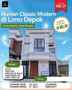 Rumah 2 Lt di Limo Cinere Dp 5 Juta Free Biaya plus subsidi 6 bln angs lokasi di Depok Kota, tersedia melalui melalui situs Olx