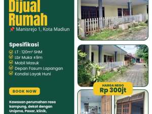 Rumah Layak Huni di Perumnas Manisrejo 1 lokasi di Madiun Kota, tersedia melalui melalui situs Olx