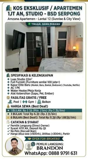 Sewa Kos Premium Apartemen 1jt-an BSD, Serpong, Tangerang Amazana lokasi di Tangerang Selatan Kota, tersedia melalui melalui situs Olx