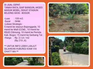 Tanah 100m2 SHM Siap Bangun dekattol Jl Baru Pemda dan dekat stasiun kereta Bojonggede-Bogor lokasi di Bogor Kab., tersedia melalui melalui situs Olx