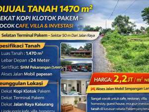 Tanah 1470 m Dekat Kopi Klotok PakemCocok Cafe, VillaInvestasi lokasi di Sleman Kab., tersedia melalui melalui situs Olx