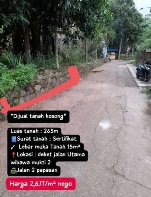 Tanah kosong di jatisari kota bekasi LT.265m shm jln pruis 2mobil lokasi di Bekasi Kota, tersedia melalui melalui situs Olx