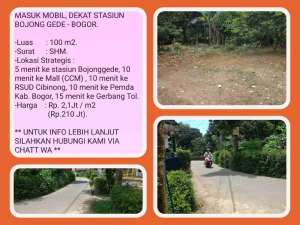 Tanah Murah 100m2 SHMDekat tol5 menit ke Stasiun kereta di Bojonggede-Bogor. lokasi di Bogor Kab., tersedia melalui melalui situs Olx