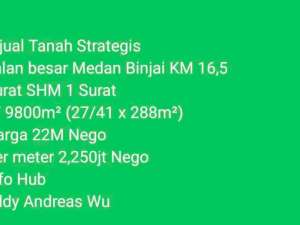 Dijual Tanah Jalan Besar Medan Binjai dekat Tol Megawati lokasi di Binjai Kota, tersedia melalui melalui situs Olx